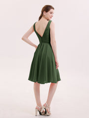 V-neck Short Chiffon Bridesmaid Gowns Olive Green
