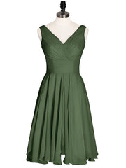 V-neck Short Chiffon Bridesmaid Gowns Olive Green