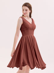 V-neck Short Chiffon Bridesmaid Gowns Terracotta