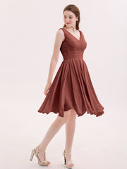 V-neck Short Chiffon Bridesmaid Gowns Terracotta