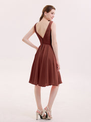 V-neck Short Chiffon Bridesmaid Gowns Terracotta