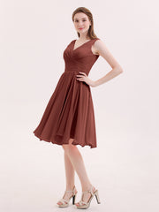 V-neck Short Chiffon Bridesmaid Gowns Terracotta