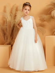 Lace Appliqued Floor-length Tulle Flower Girl Dress