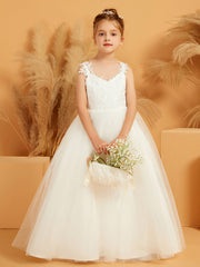 Lace Appliqued Floor-length Tulle Flower Girl Dress
