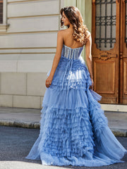 Sweetheart A-line Sweep Train Tulle Prom Dresses Dusty Blue Plus Size