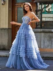 Sweetheart A-line Sweep Train Tulle Prom Dresses Dusty Blue Plus Size