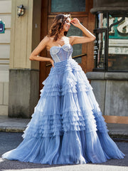 Sweetheart A-line Sweep Train Tulle Prom Dresses Dusty Blue Plus Size