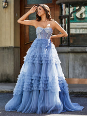 Sweetheart A-line Sweep Train Tulle Prom Dresses Dusty Blue Plus Size
