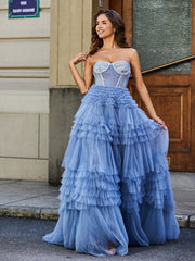 Sweetheart A-line Sweep Train Tulle Prom Dresses Dusty Blue Plus Size