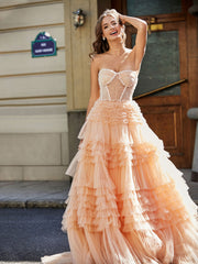 Sweetheart A-line Sweep Train Tulle Prom Dresses Peach Plus Size