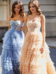 Sweetheart A-line Sweep Train Tulle Prom Dresses Peach Plus Size