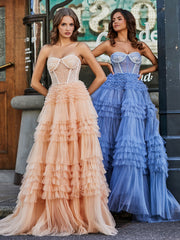Sweetheart A-line Sweep Train Tulle Prom Dresses Peach Plus Size