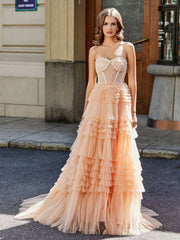 Sweetheart A-line Sweep Train Tulle Prom Dresses Peach Plus Size
