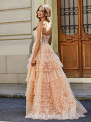 Sweetheart A-line Sweep Train Tulle Prom Dresses Peach Plus Size