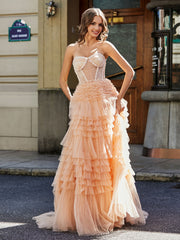 Sweetheart A-line Sweep Train Tulle Prom Dresses Peach Plus Size