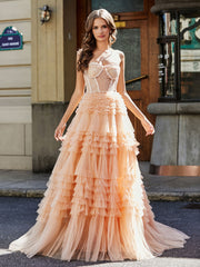 Sweetheart A-line Sweep Train Tulle Prom Dresses Peach Plus Size