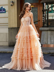 Sweetheart A-line Sweep Train Tulle Prom Dresses Peach Plus Size