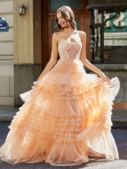 Sweetheart A-line Sweep Train Tulle Prom Dresses Peach Plus Size
