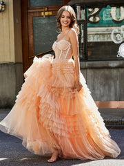 Sweetheart A-line Sweep Train Tulle Prom Dresses Peach Plus Size