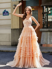 Sweetheart A-line Sweep Train Tulle Prom Dresses Peach Plus Size