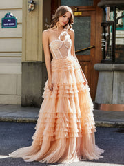 Sweetheart A-line Sweep Train Tulle Prom Dresses Peach Plus Size