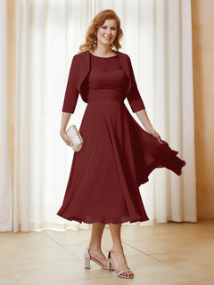 Illusion Neckline A-line Tea-Length Chiffon Lace Dress Burgundy