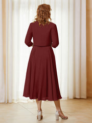 Illusion Neckline A-line Tea-Length Chiffon Lace Dress Burgundy