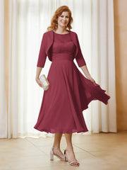 Illusion Neckline A-line Tea-Length Chiffon Lace Dress Cinnamon Rose