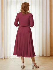 Illusion Neckline A-line Tea-Length Chiffon Lace Dress Cinnamon Rose