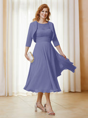 Illusion Neckline A-line Tea-Length Chiffon Lace Dress Periwinkle