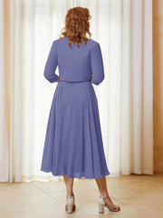 Illusion Neckline A-line Tea-Length Chiffon Lace Dress Periwinkle