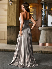 Strapless Sweetheart Pleated A-Line Maxi Dress with High Slit Silver