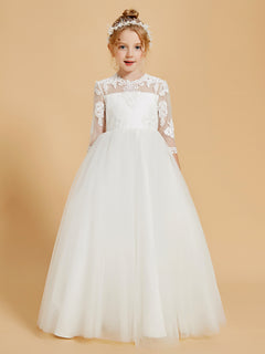 Floor-Length Flower Girl Dress with 3/4 Sleeve Lace Scoop Neck