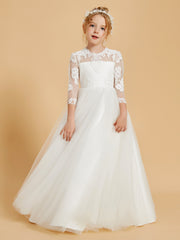 Floor-Length Flower Girl Dress with 3/4 Sleeve Lace Scoop Neck