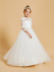 Floor-Length Flower Girl Dress with 3/4 Sleeve Lace Scoop Neck