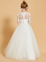Floor-Length Flower Girl Dress with 3/4 Sleeve Lace Scoop Neck