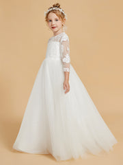 Floor-Length Flower Girl Dress with 3/4 Sleeve Lace Scoop Neck