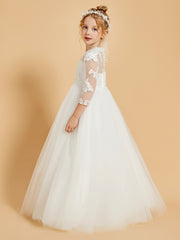 Floor-Length Flower Girl Dress with 3/4 Sleeve Lace Scoop Neck