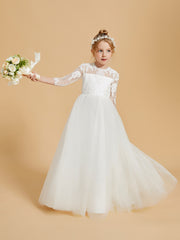 Floor-Length Flower Girl Dress with 3/4 Sleeve Lace Scoop Neck