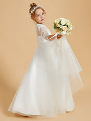 Floor-Length Flower Girl Dress with 3/4 Sleeve Lace Scoop Neck