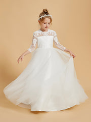 Floor-Length Flower Girl Dress with 3/4 Sleeve Lace Scoop Neck