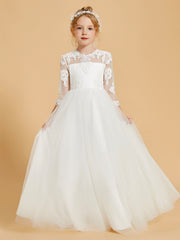 Floor-Length Flower Girl Dress with 3/4 Sleeve Lace Scoop Neck