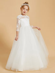 Floor-Length Flower Girl Dress with 3/4 Sleeve Lace Scoop Neck