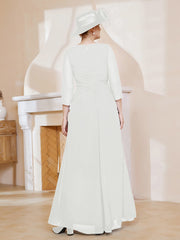 A-line Floor-Length Chiffon Pleated Dress Ivory Plus Size