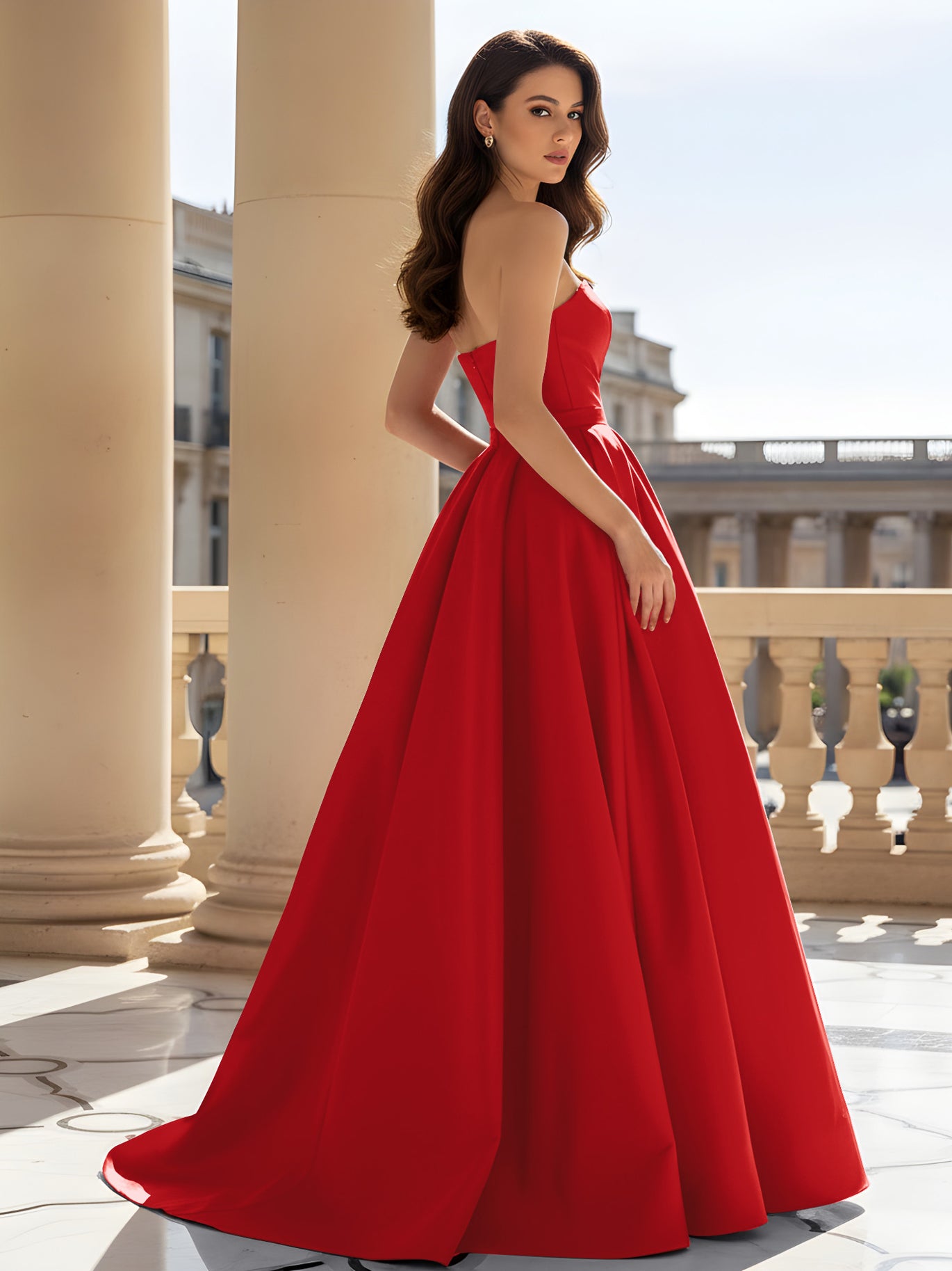 BABARONI Satin Red Prom Dresses A-line Strapless Floor-length Sleeveless –  BABARONI UK