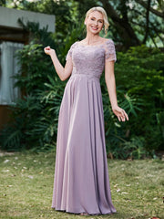 Elegant Flower Appliqued Chiffon Dress with Pleated Tahiti
