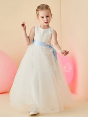 Sleeveless Scoop Tulle Flower Girl Dress with Sash