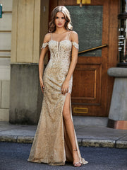 Off-the-shoulder Mermaid Sequin Prom Dresses Champagne Plus Size