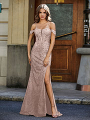 Off-the-shoulder Mermaid Sequin Prom Dresses Metallic Gold Plus Size
