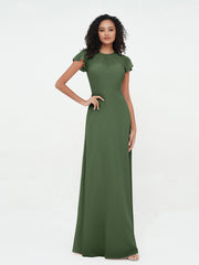 Illusion Neck Chiffon Dresses with Cap Sleeves Olive Green